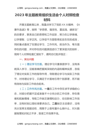 2023年主题教育组织生活会个人对照检查材料