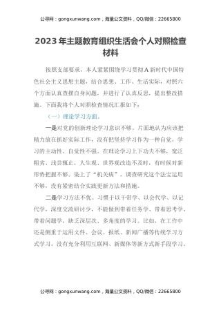 2023年主题教育组织生活会个人对照检查材料（六个方面）