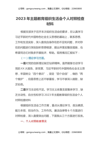 2023年主题教育组织生活会个人对照检查材料（六个方面）(3)