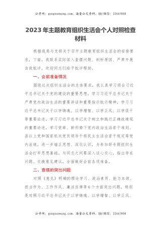 2023年主题教育组织生活会个人对照检查材料（六个方面）(6)