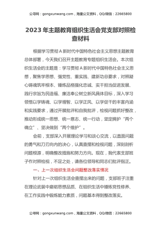 2023年主题教育组织生活会党支部对照检查材料