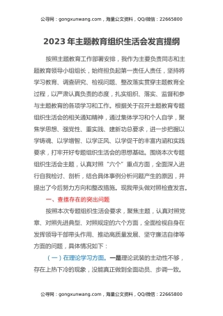 2023年主题教育组织生活会发言提纲（六个方面）