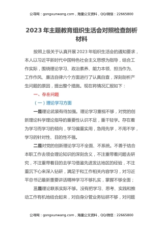 2023年主题教育组织生活会对照检查剖析材料（六个方面）