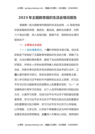 2023年主题教育组织生活会情况报告