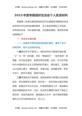 2023年度专题组织生活会个人发言材料（四个方面）