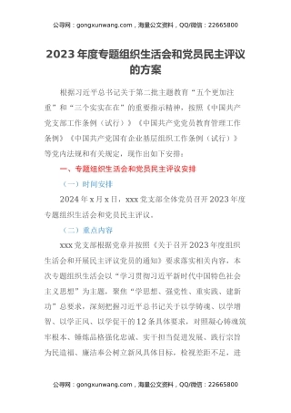 2023年度专题组织生活会和党员民主评议的方案