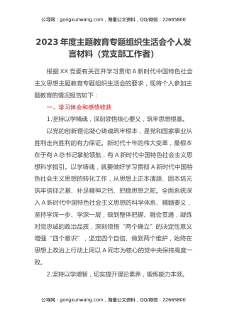2023年度主题教育专题组织生活会个人发言材料（党支部工作者）