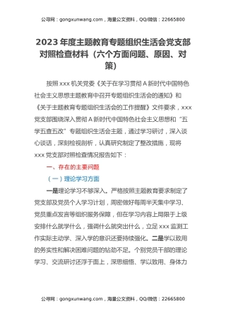 2023年度主题教育专题组织生活会党支部对照检查材料（六个方面问题、原因、对策）