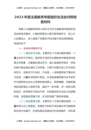 2023年度主题教育专题组织生活会对照检查材料（七个方面、反面典型案例剖析）