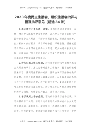2023年度民主生活会、组织生活会批评与相互批评意见（精选34条）