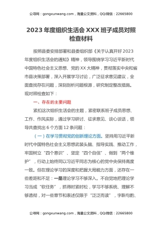 2023年度组织生活会XXX班子成员对照检查材料