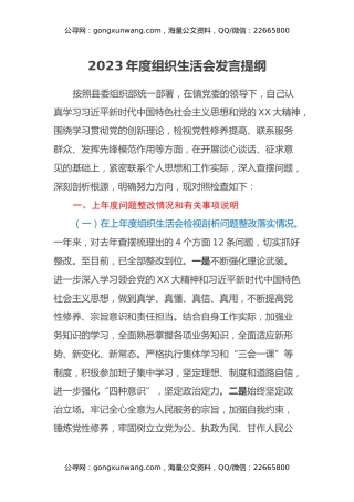 2023年度组织生活会发言提纲