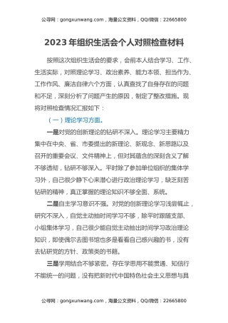 2023年组织生活会个人对照检查材料