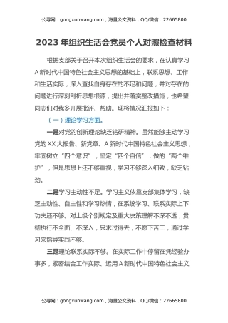 2023年组织生活会党员个人对照检查材料（2）