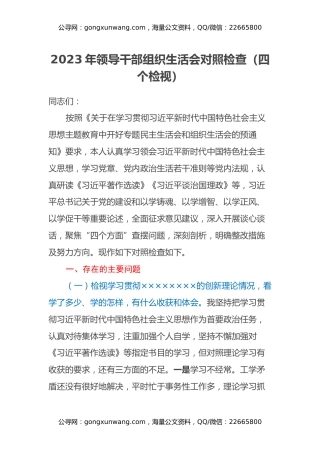 2023年领导干部组织生活会对照检查（四个检视）