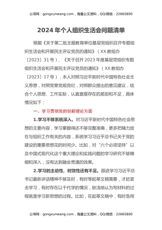2024年个人组织生活会问题清单