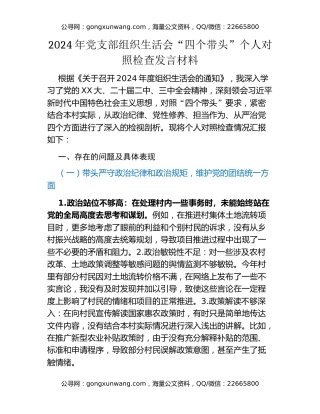 2024年党支部组织生活会“四个带头”个人对照检查发言材料