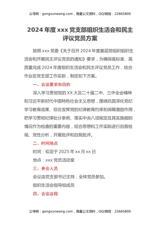 2024年度xxx党支部组织生活会和民主评议党员方案