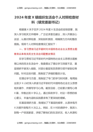 2024年度X镇组织生活会个人对照检查材料（主题教育整改措施落实情况、镇党委副书记）