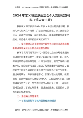 2024年度X镇组织生活会个人对照检查材料（主题教育问题整改情况、镇人大主席）