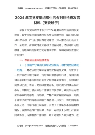 2024年度党支部组织生活会对照检查发言材料（支委班子）