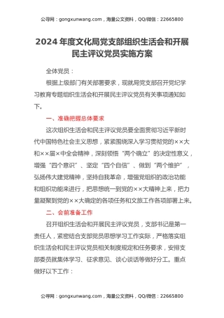 2024年度文化局党支部组织生活会和开展民主评议党员实施方案