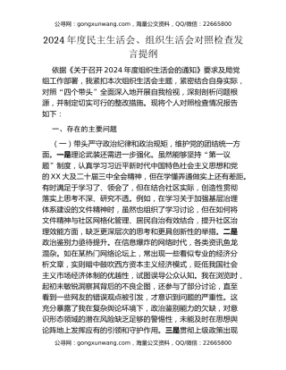 2024年度民主生活会、组织生活会对照检查发言提纲