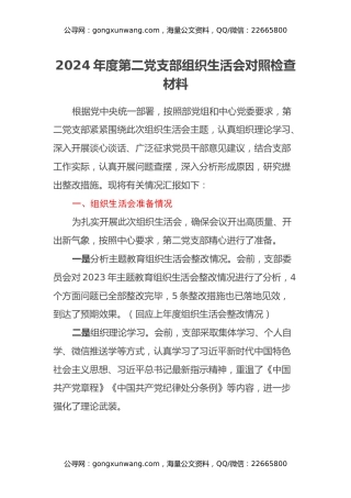 2024年度第二党支部组织生活会对照检查材料
