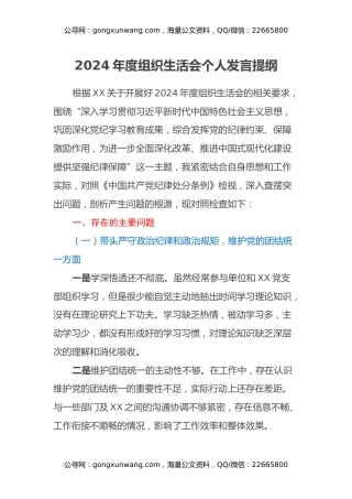 2024年度组织生活会个人发言提纲