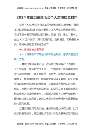2024年度组织生活会个人对照检查材料