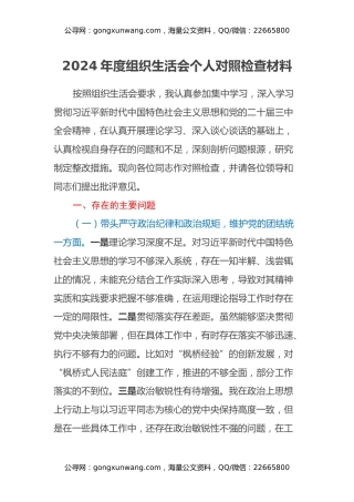 2024年度组织生活会个人对照检查材料（3）
