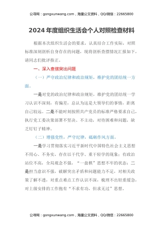 2024年度组织生活会个人对照检查材料（4）