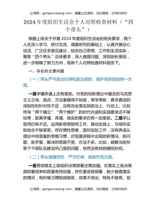 2024年度组织生活会个人对照检查材料（“四个带头”）