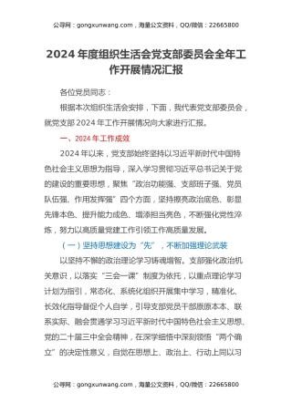 2024年度组织生活会党支部委员会全年工作开展情况汇报