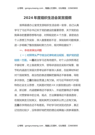 2024年度组织生活会发言提纲（四个带头）