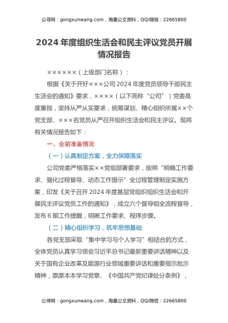 2024年度组织生活会和民主评议党员开展情况报告