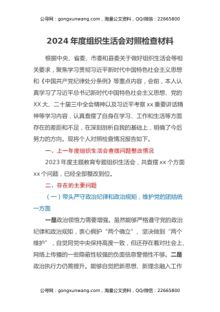 2024年度组织生活会对照检查材料