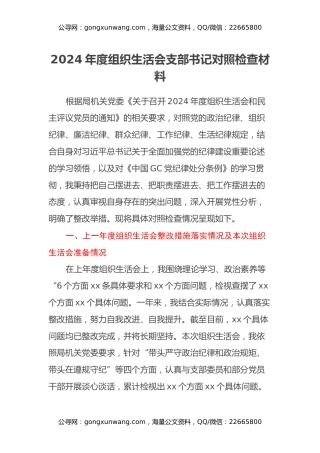 2024年度组织生活会支部书记对照检查材料