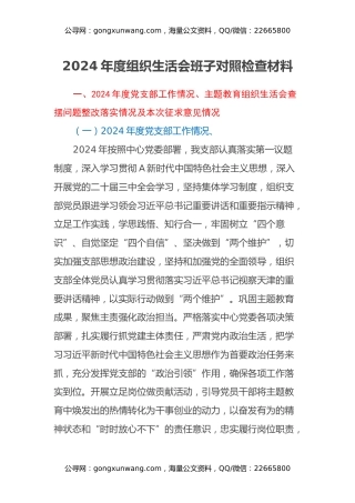 2024年度组织生活会班子对照检查材料