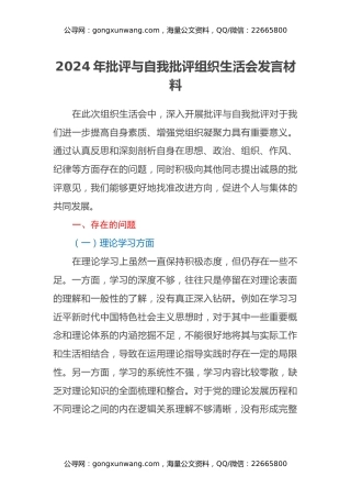 2024年批评与自我批评组织生活会发言材料