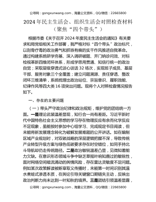 2024年民主生活会、组织生活会对照检查材料（聚焦“四个带头”）