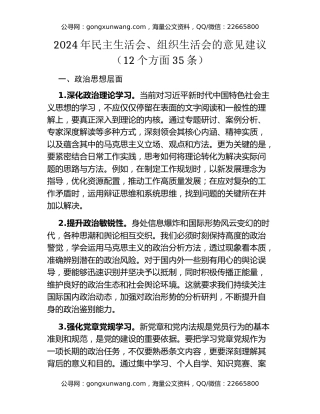2024年民主生活会、组织生活会的意见建议（12个方面35条）