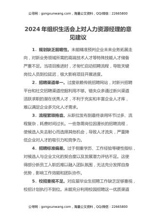 2024年组织生活会上对人力资源经理的意见建议