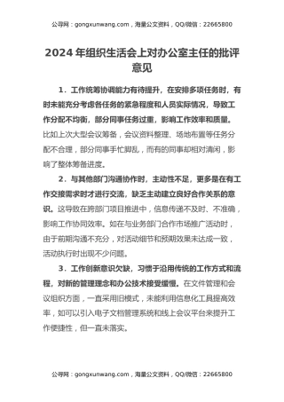 2024年组织生活会上对办公室主任的批评意见