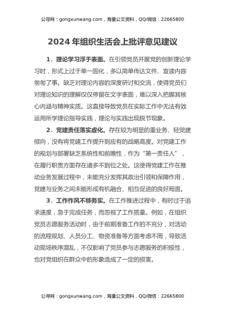 2024年组织生活会上批评意见建议