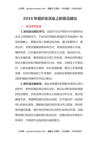 2024年组织生活会上的意见建议