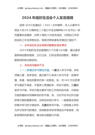 2024年组织生活会个人发言提纲（普通党员通用）
