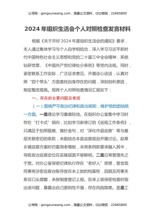 2024年组织生活会个人对照检查发言材料
