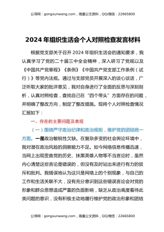 2024年组织生活会个人对照检查发言材料、谈心谈话意见清单、个人问题整改清单