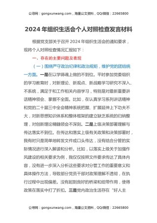 2024年组织生活会个人对照检查发言材料（3）